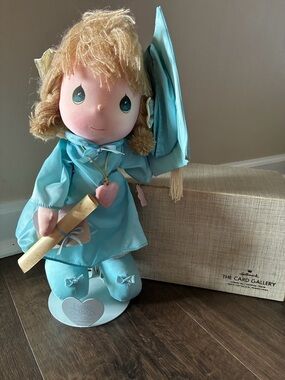 Precious Moments Aqua Graduation Doll with Pink Heart Necklace
